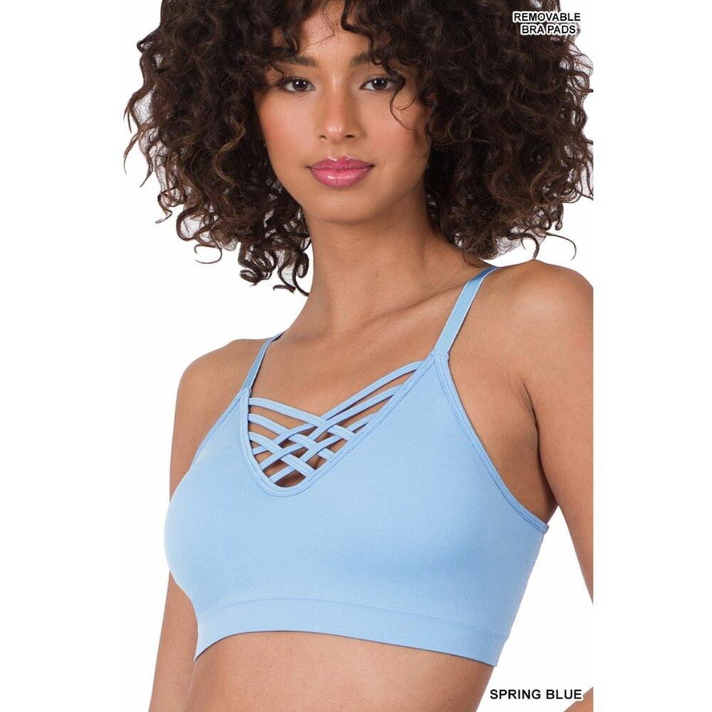 Zenana S/M Spring Blue Front V Lattice Bralette + bra padding adjustable straps